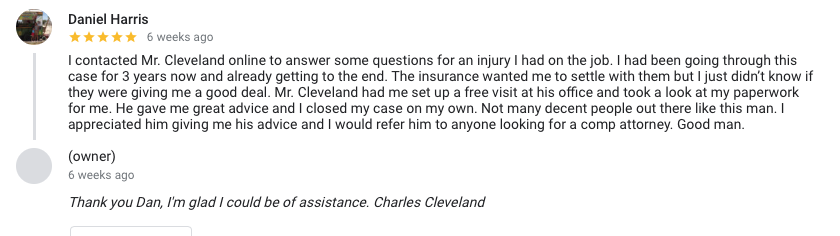 Work injury lawyer Google review 2019